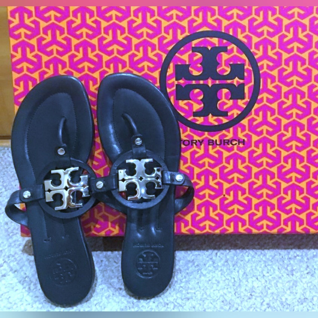 Tory Burch Designer Miller Metal Navy Blue Sandals Thong Flip Size 7.5